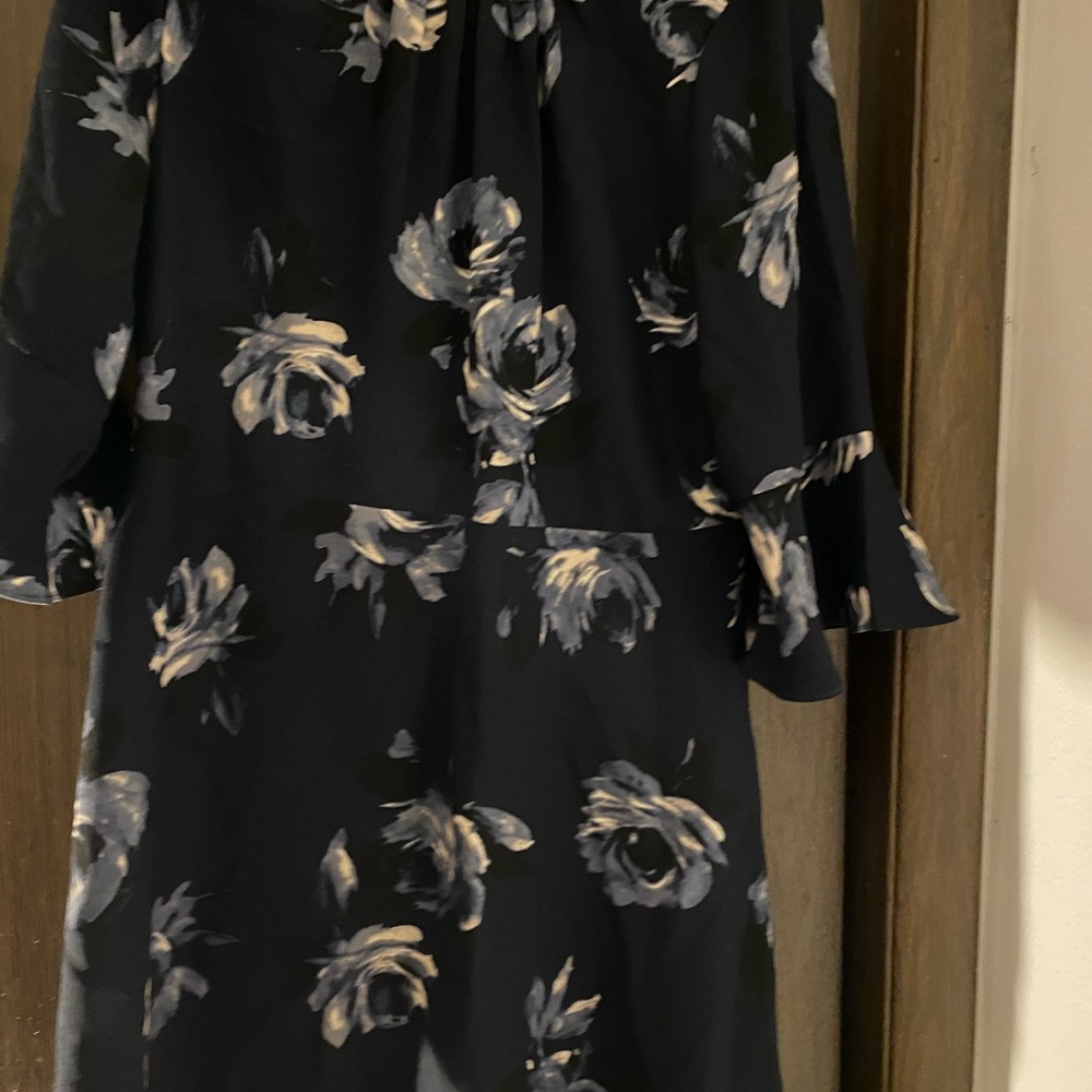 Dark Blue Navy Night Rose Flower Crepe Bell Sleeve Dress